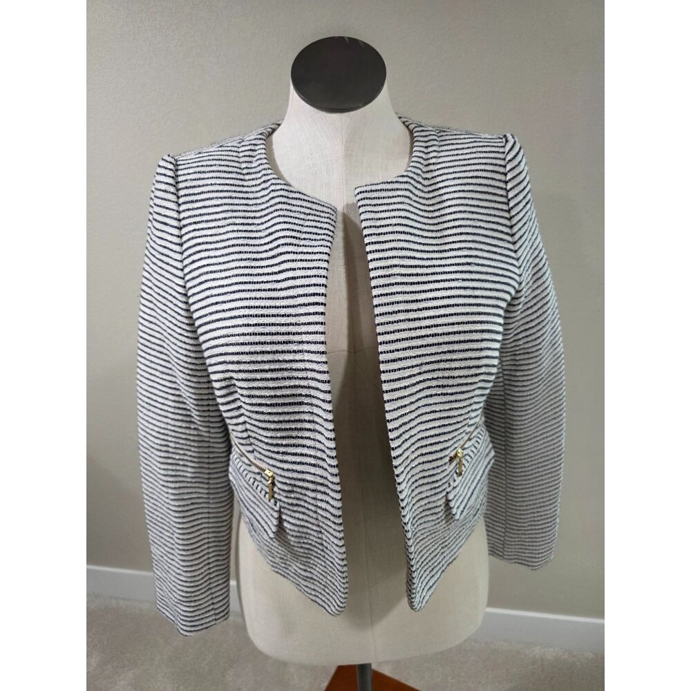 Ann Taylor Loft Womens Striped Open Front Blazer Jacket Size 12 Black & White